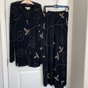 Vintage David Dart Maxi Skirt Suit - Black/Cream with Subtle Print - Size L